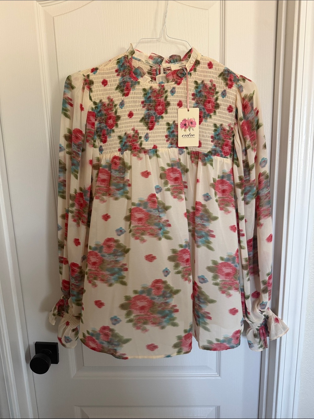 entro Cream Floral Smocked Blouse with Pink and Blue Accents